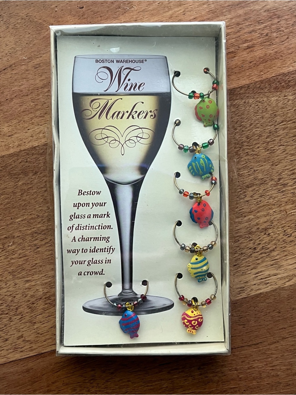 Boston Warehouse Wine Markers - Colorful Beaded FISH Charms (Set of 6) NIB